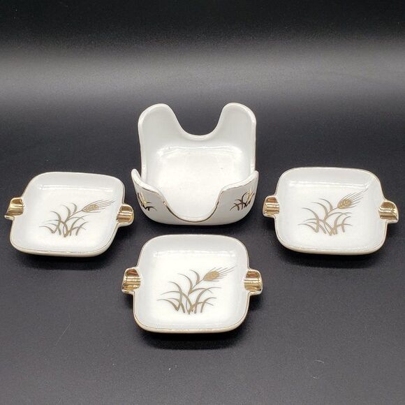 Lefton White Gold Wheat Design Vintage Personal Porcelain Ashtrays with Holder - Picture 7 of 11